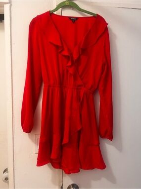 Express Bright Red Ruffle Wrap Dress